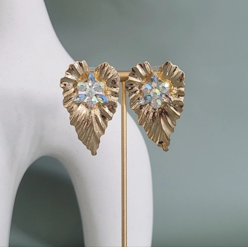 Stainless steel gold tone leaf crystal earrings